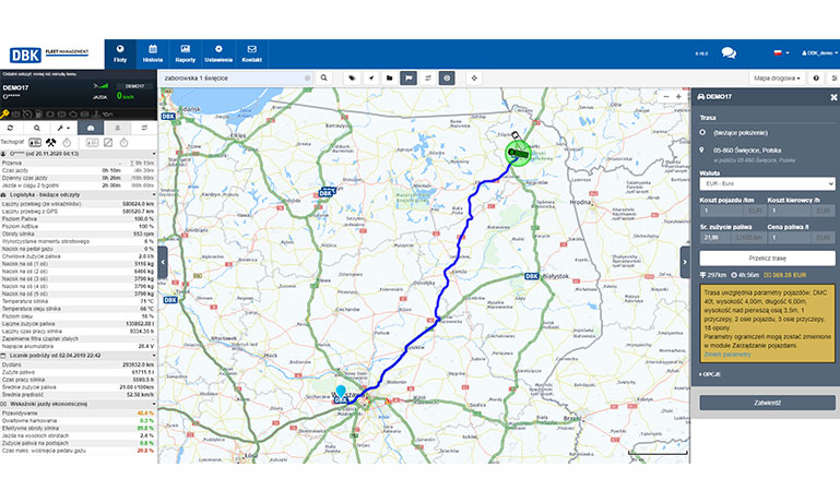 DBK Fleet Management - śledzenie ciężarówek na mapie i planowanie tras